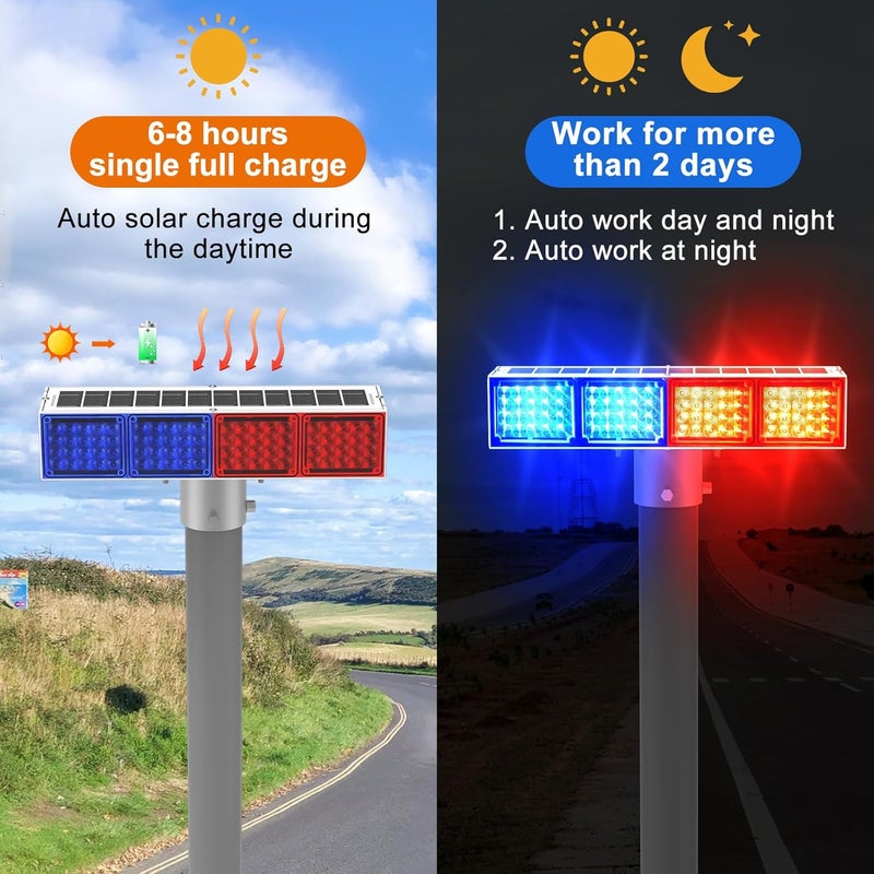 Aolyty Solar Strobe Light, Bright Red & Blue Light Flashing IP65 Waterproof Solar Warning Lights Double-Sided Security Lights 2 Modes 160LEDS for Construction Site, Dock, Crossroad, Driveway (1) - Image 4